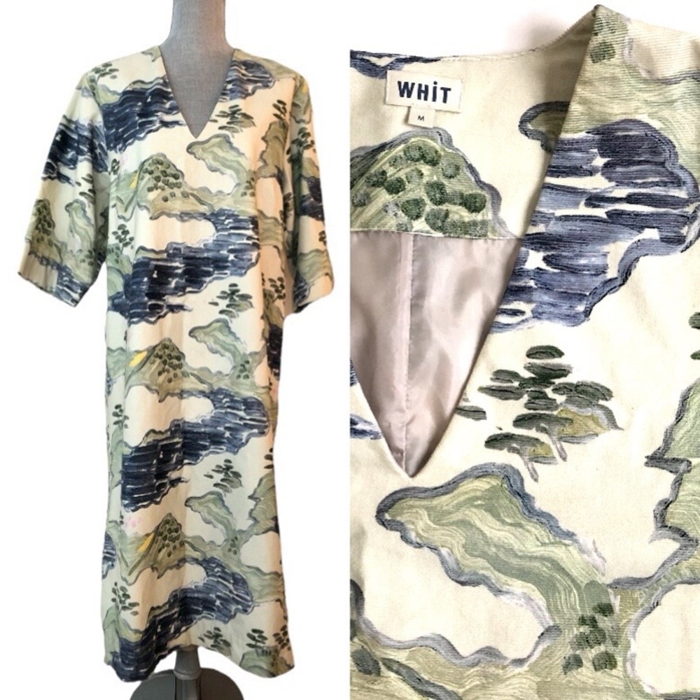 WHiT Cream Landscape Watercolor Print Midi Dress